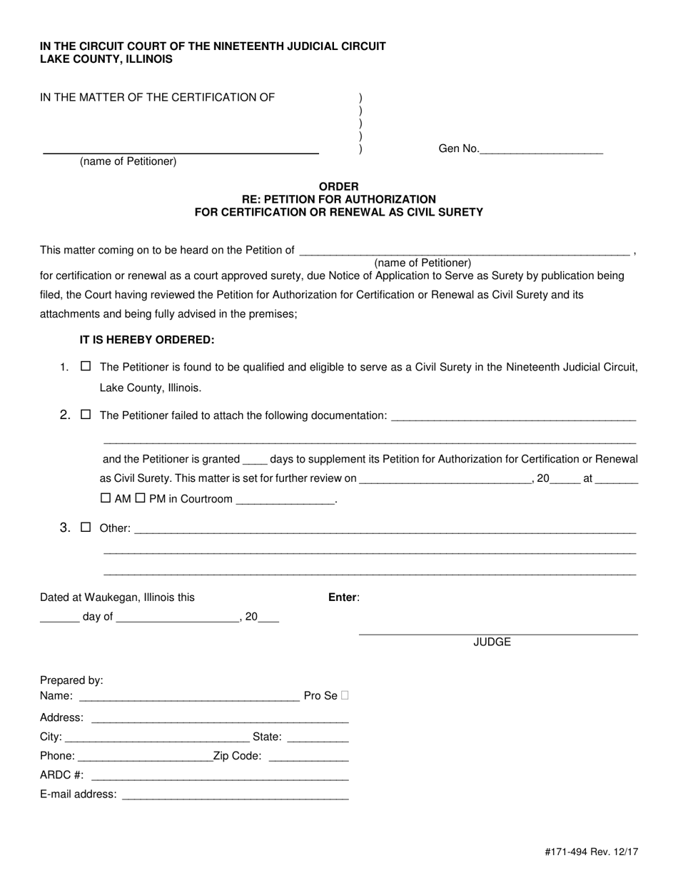 Form 171-494 Order Re: Petition for Authorization for Certification or Renewal as Civil Surety - Lake County, Illinois, Page 1