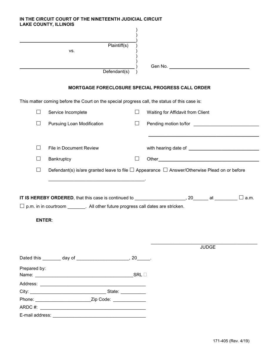 Form 171-405 Mortgage Foreclosure Special Progress Call Order - Lake County, Illinois, Page 1