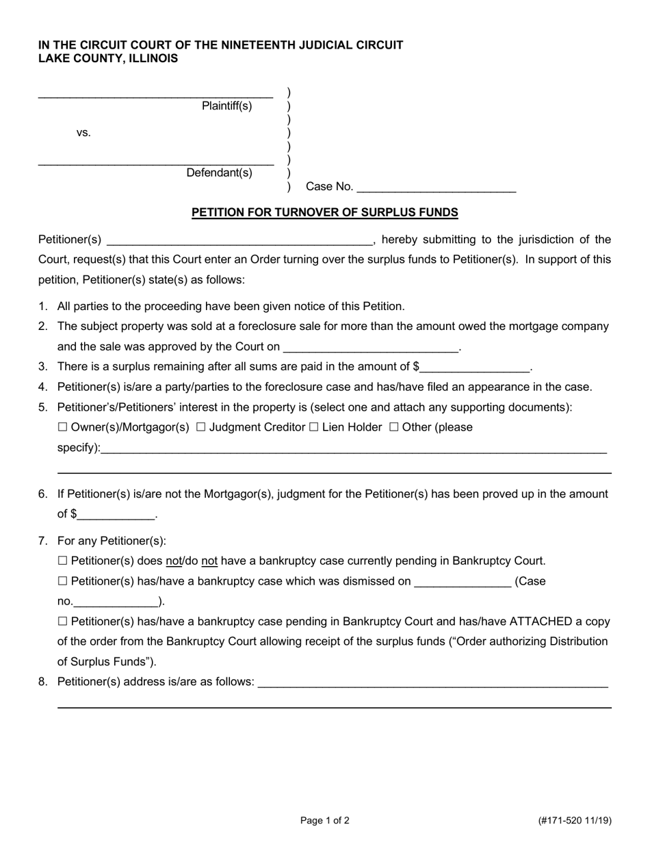 Form 171-520 Petition for Turnover of Surplus Funds - Lake County, Illinois, Page 1