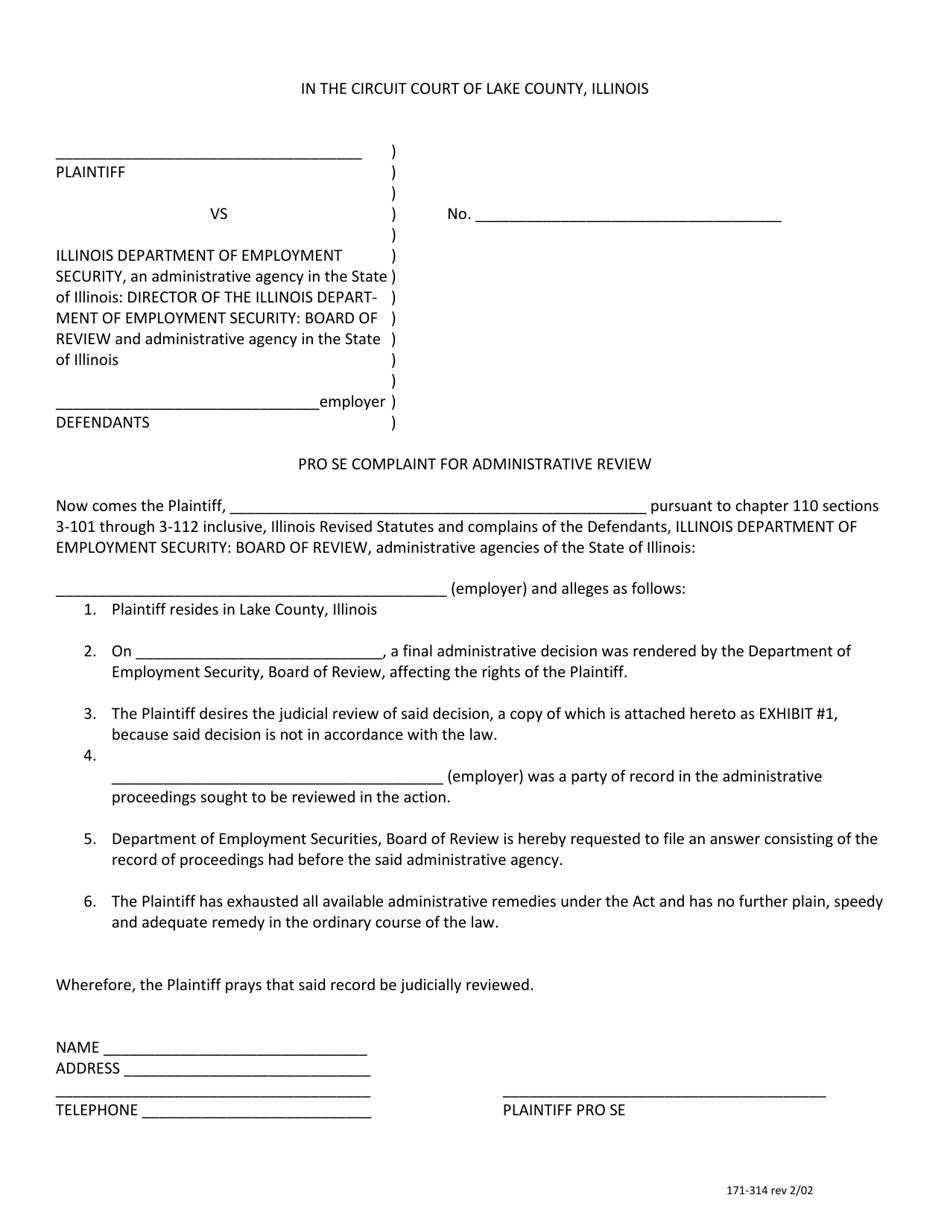 Form 171-314 Download Fillable PDF or Fill Online Pro Se Complaint for ...