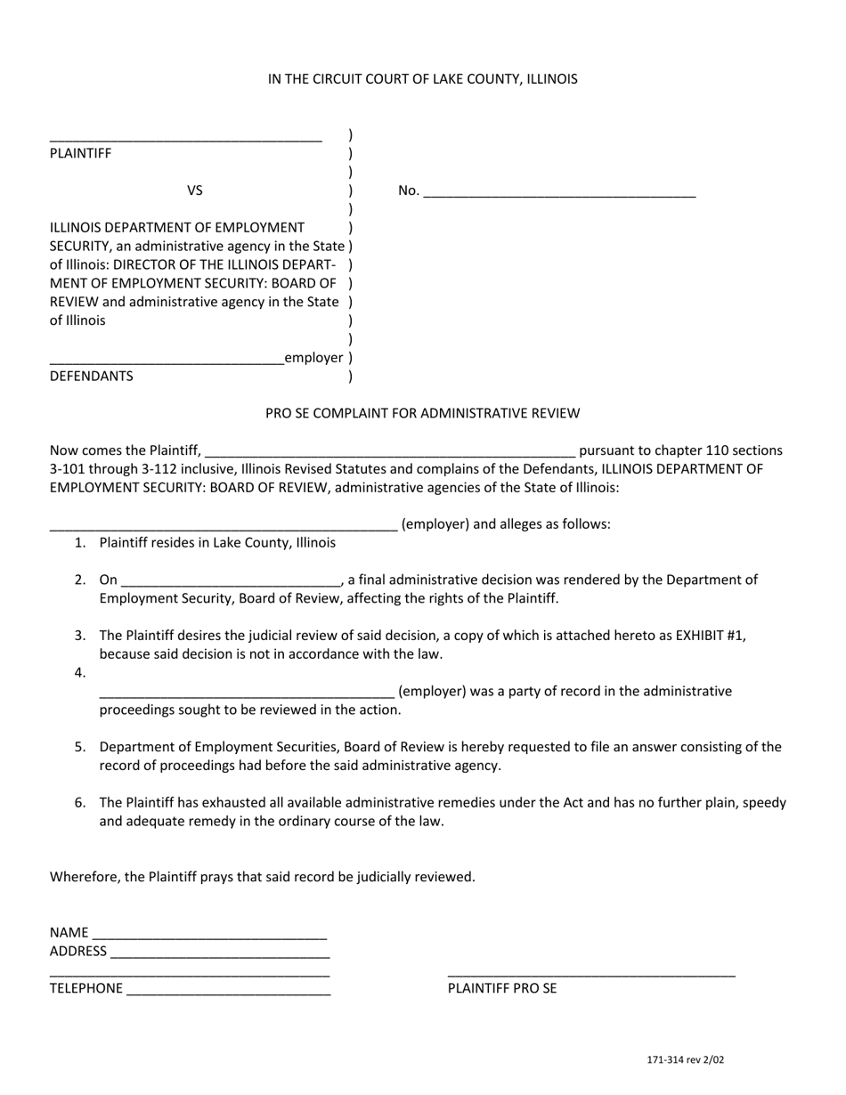 Form 171-314 Pro Se Complaint for Administrative Review - Lake County, Illinois, Page 1