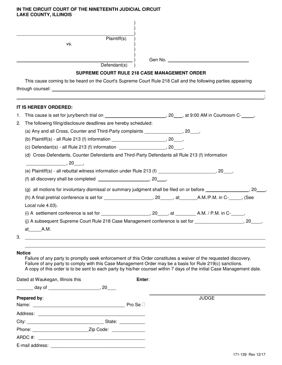 Form 171-139 Supreme Court Rule 218 Case Management Order - Lake County, Illinois, Page 1