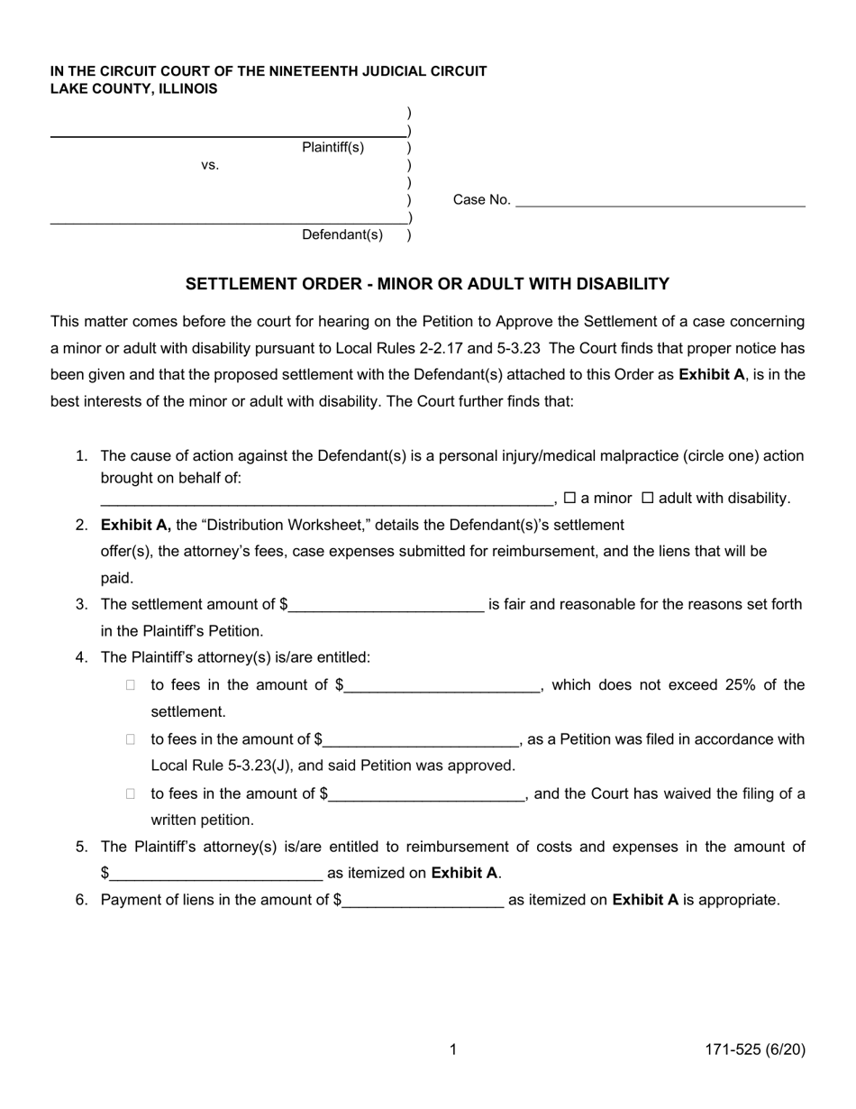 Form 171-525 Settlement Order - Minor or Adult With Disability - Lake County, Illinois, Page 1
