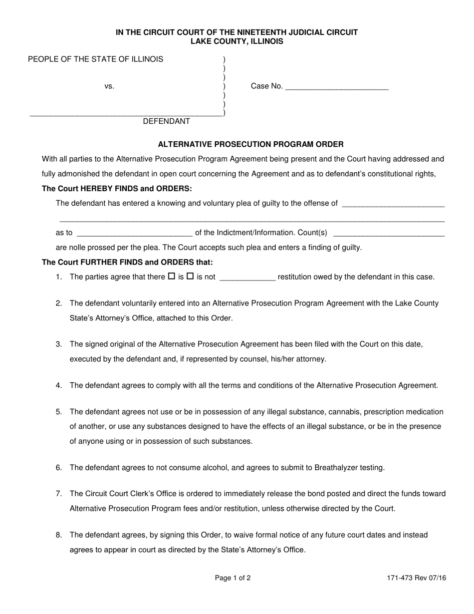 Form 171-473 Alternative Prosecution Program Order - Lake County, Illinois, Page 1