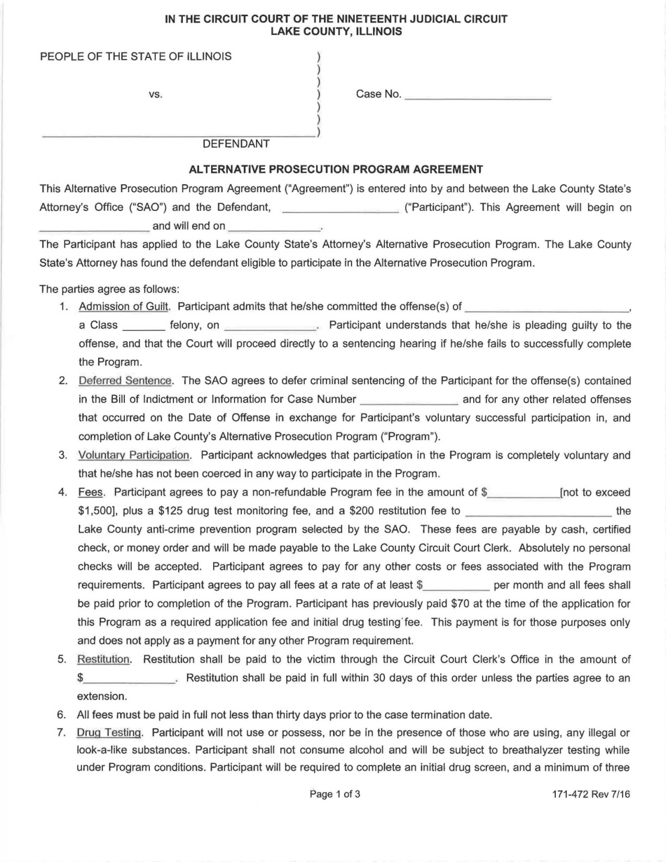 Form 171-472 Alternative Prosecution Program Agreement - Lake County, Illinois, Page 1