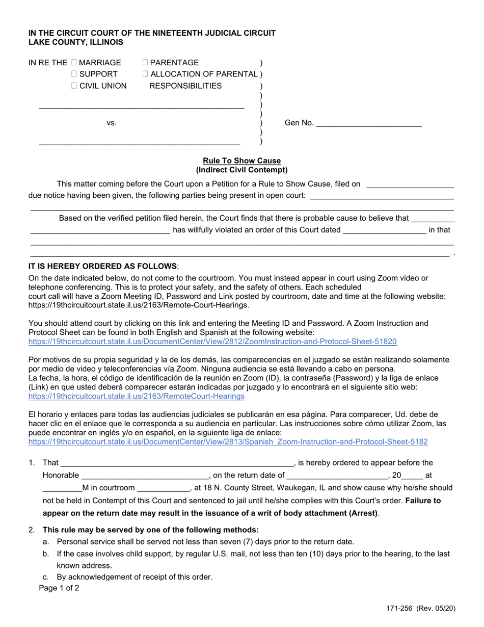 Form 171-256 Rule to Show Cause (Indirect Civil Cont) - Lake County, Illinois, Page 1