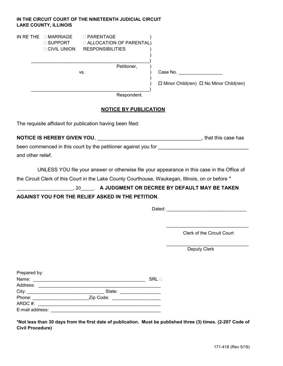 Form 171-418 Notice by Publication - Lake County, Illinois, Page 1