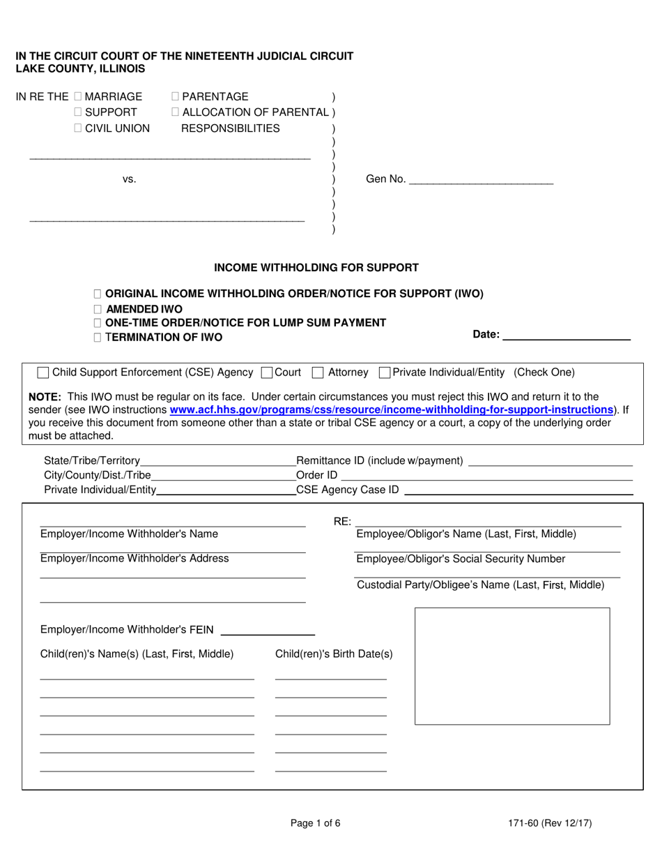 Form 171-60 Income Withholding for Support - Lake County, Illinois, Page 1