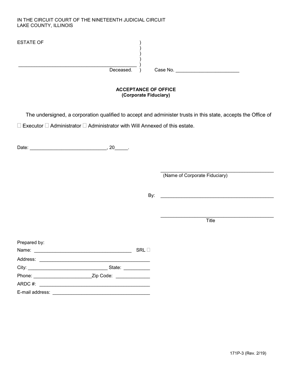 Form 171P-3 Acceptance of Office (Corporate Fiduciary) - Lake County, Illinois, Page 1