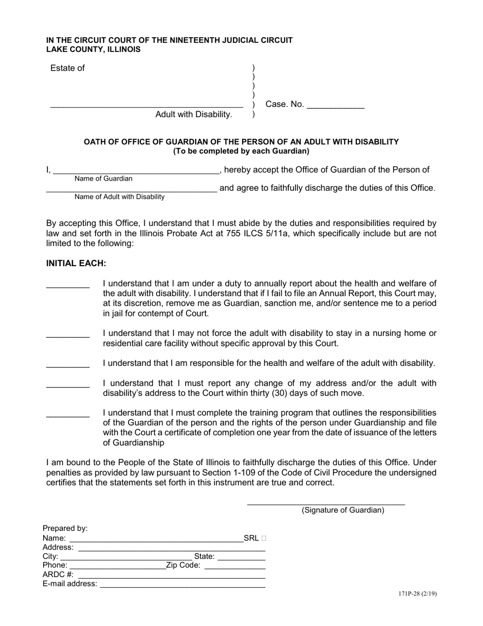 Form 171P-28 Oath of Office of Guardian of the Person of an Adult With Disability - Lake County, Illinois, Page 1