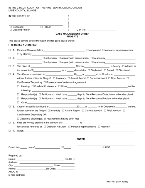 Form 171-407 Case Management Order - Probate - Lake County, Illinois