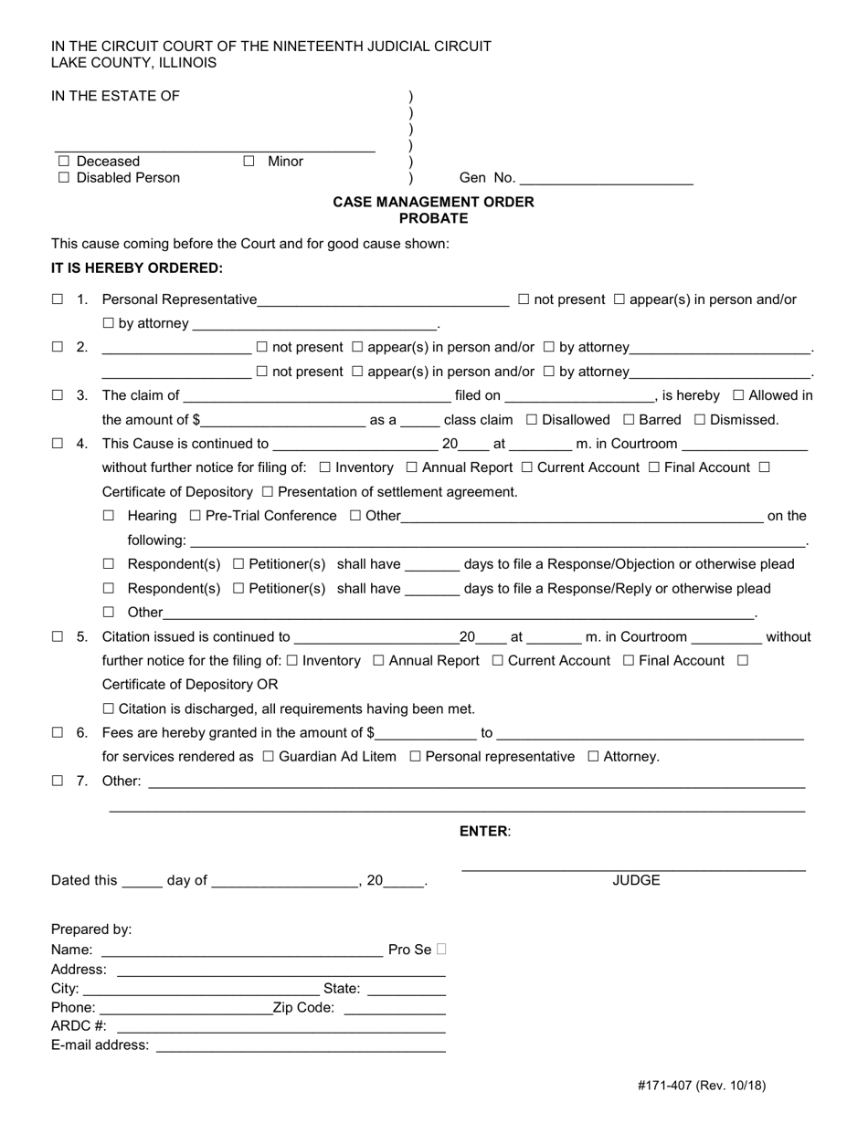 Form 171-407 Case Management Order - Probate - Lake County, Illinois, Page 1
