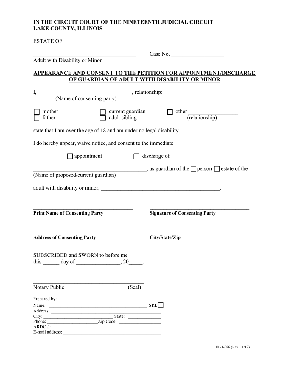Form 171-386 Appearance and Consent to the Petition for Appointment / Discharge of Guardian of Adult With Disability or Minor - Lake County, Illinois, Page 1