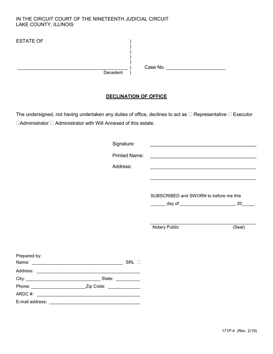 Form 171P-4 Declination of Office - Lake County, Illinois, Page 1