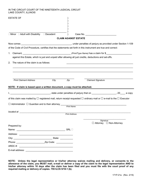 Form 171P-21A Claim Against Estate - Lake County, Illinois