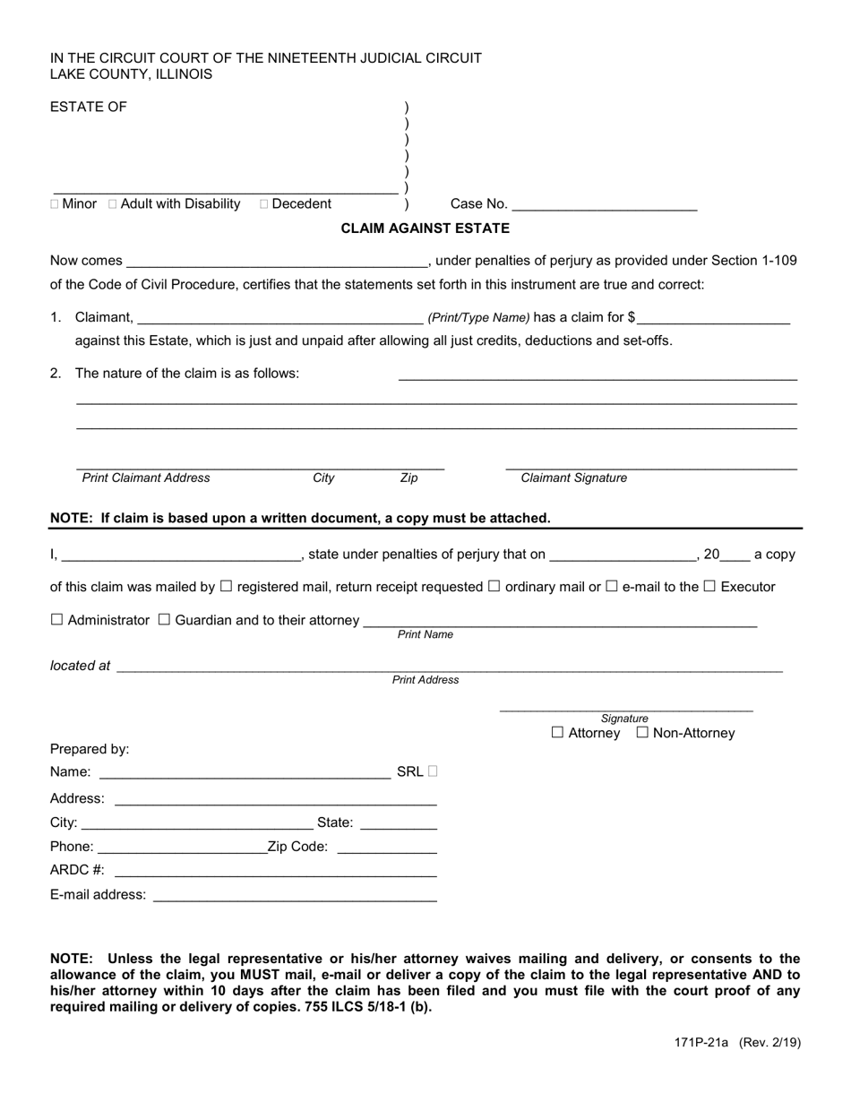 Form 171P-21A Claim Against Estate - Lake County, Illinois, Page 1