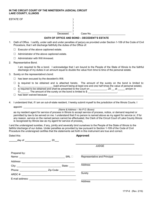Form 171P-8 Oath of Office and Bond - Decedent's Estate - Lake County, Illinois