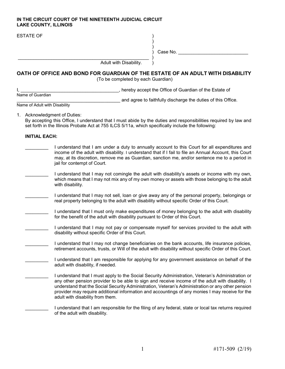 Form 171-509 Oath of Office and Bond for Guardian of the Estate of an Adult With Disability - Lake County, Illinois, Page 1