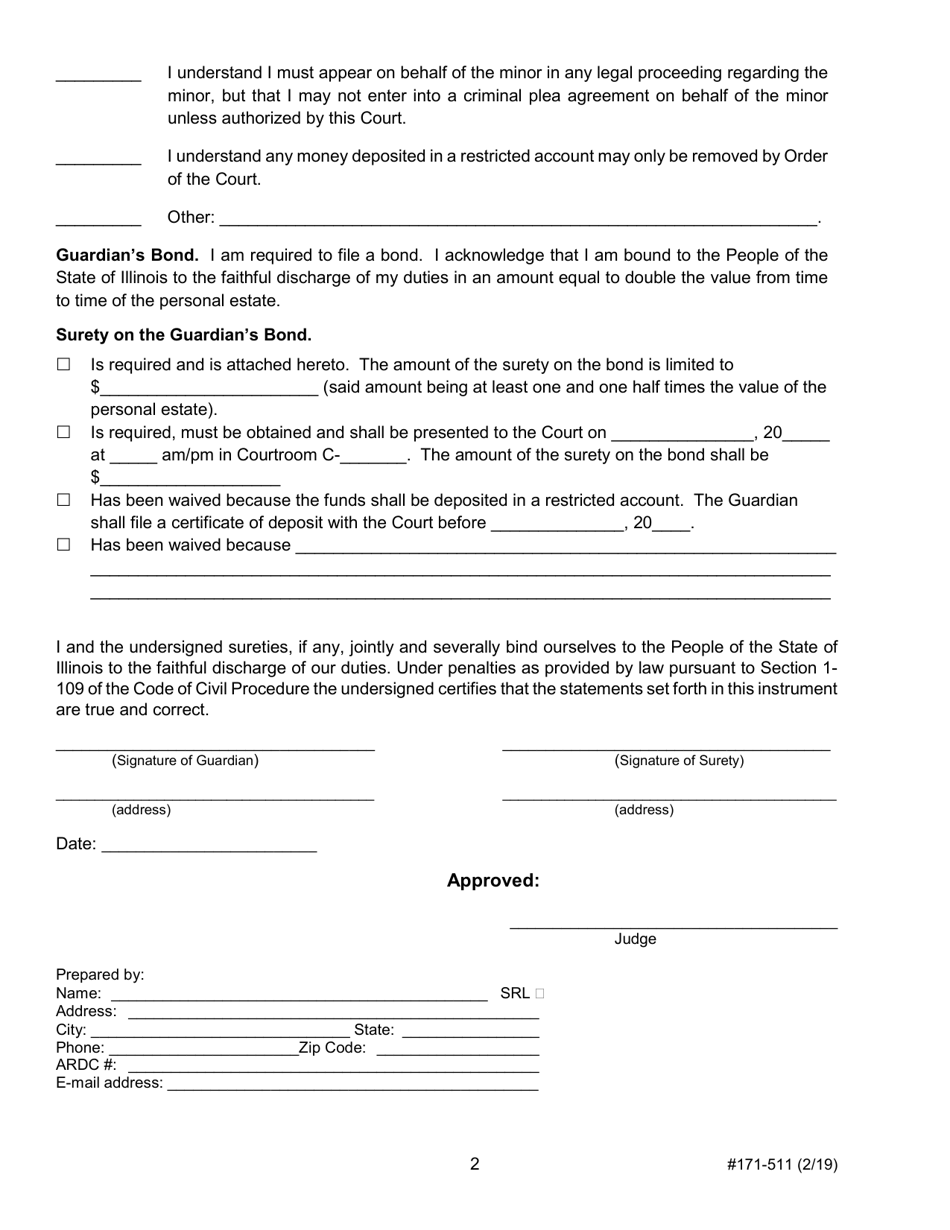 Form 171-511 Oath of Office and Bond of Guardian of the Estate of a Minor - Lake County, Illinois, Page 2