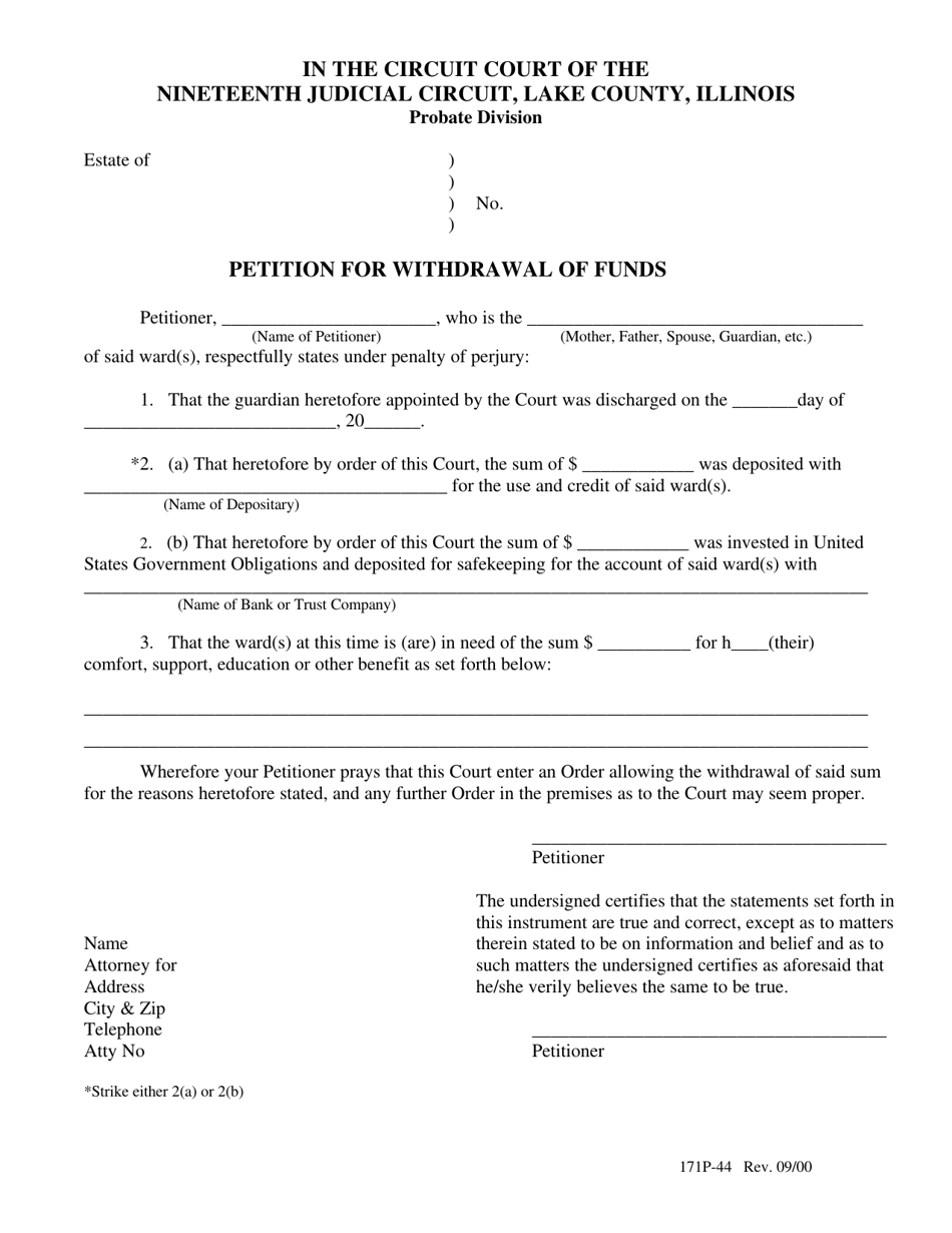 Form 171P-44 Petition for Withdrawal of Funds - Lake County, Illinois, Page 1