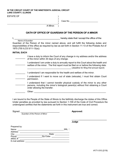 Form 171-510 Oath of Office of Guardian of the Person of a Minor - Lake County, Illinois