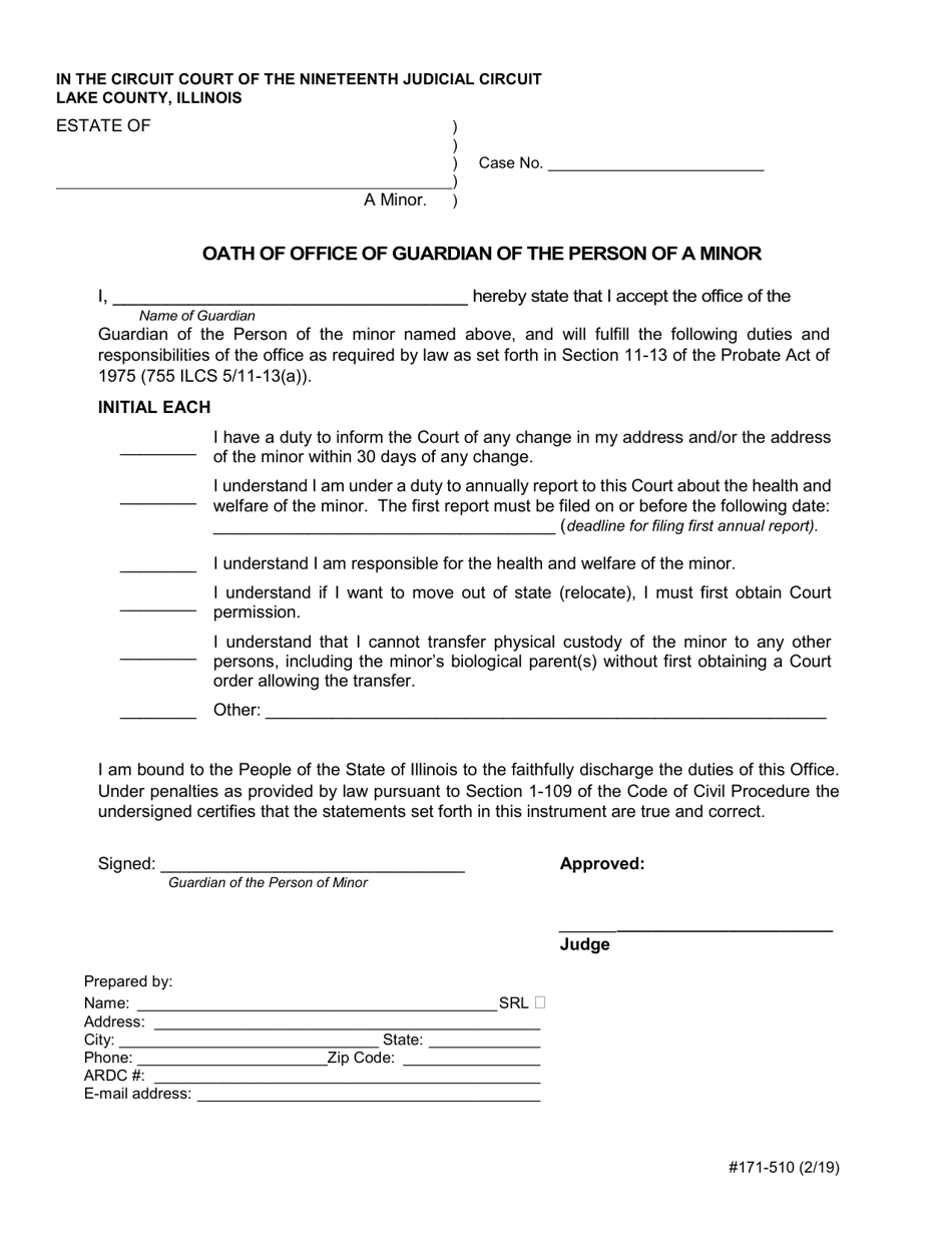 Form 171-510 Oath of Office of Guardian of the Person of a Minor - Lake County, Illinois, Page 1