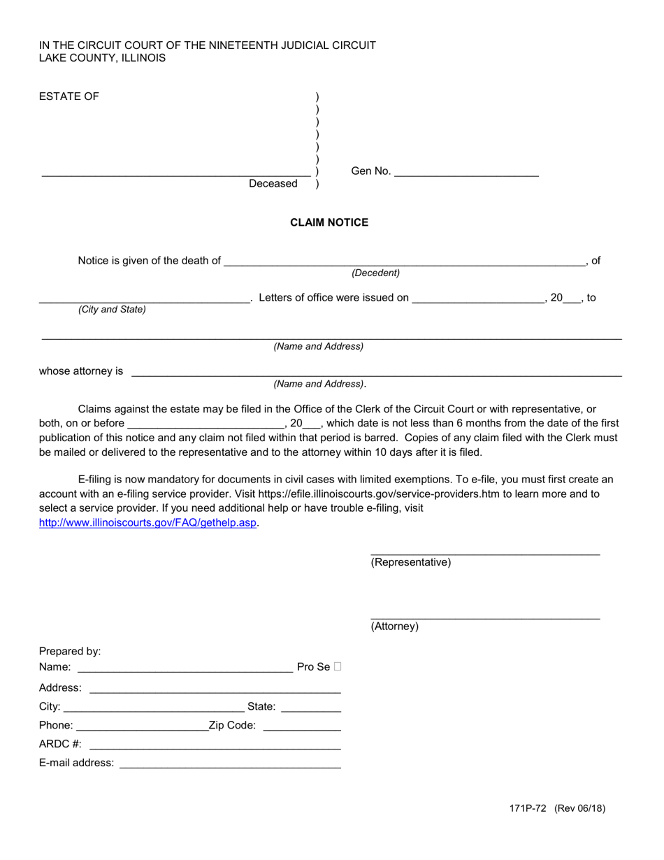 Form 171P-72 Claim Notice - Lake County, Illinois, Page 1