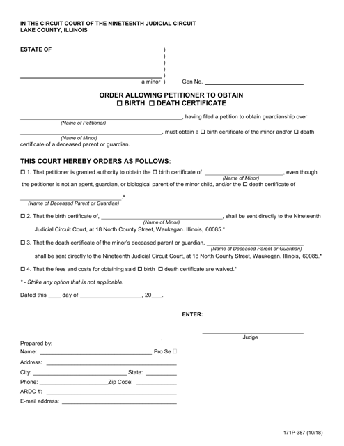 Form 171P-387 Order Allowing Petitioner to Obtain Birth or Death Certificate - Lake County, Illinois