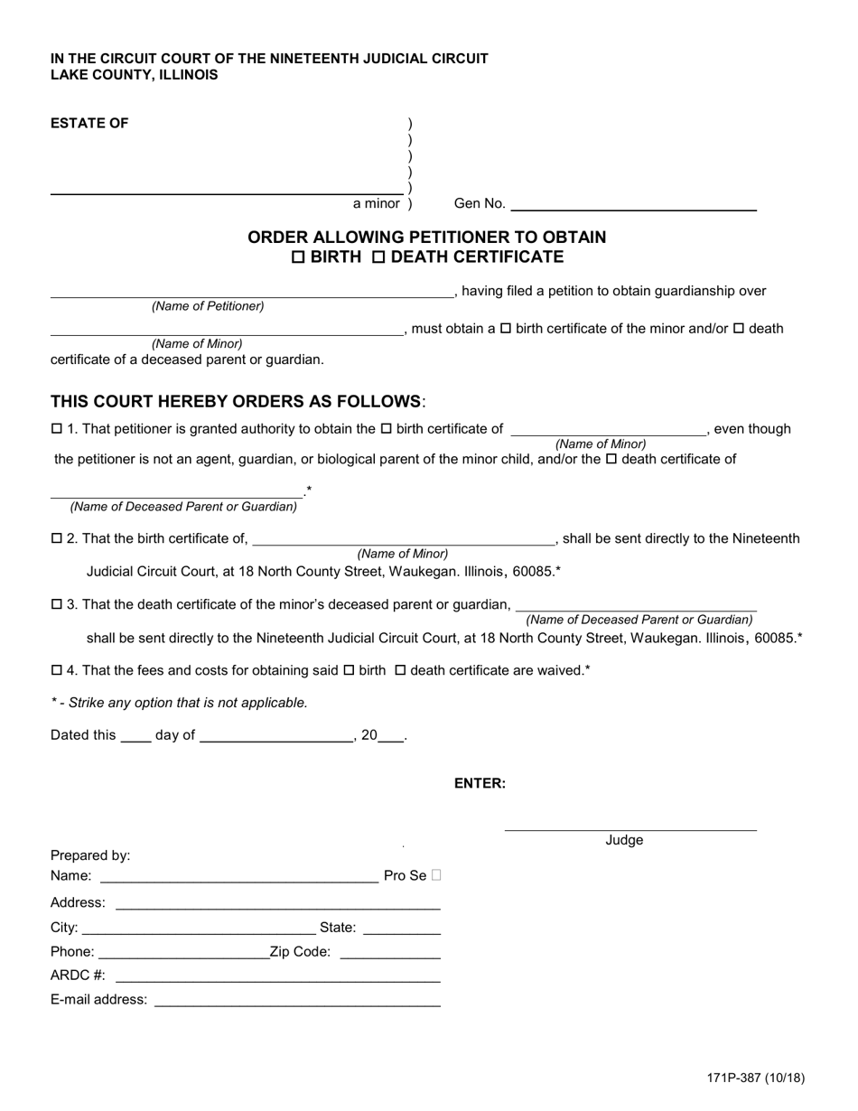 Form 171P-387 Order Allowing Petitioner to Obtain Birth or Death Certificate - Lake County, Illinois, Page 1