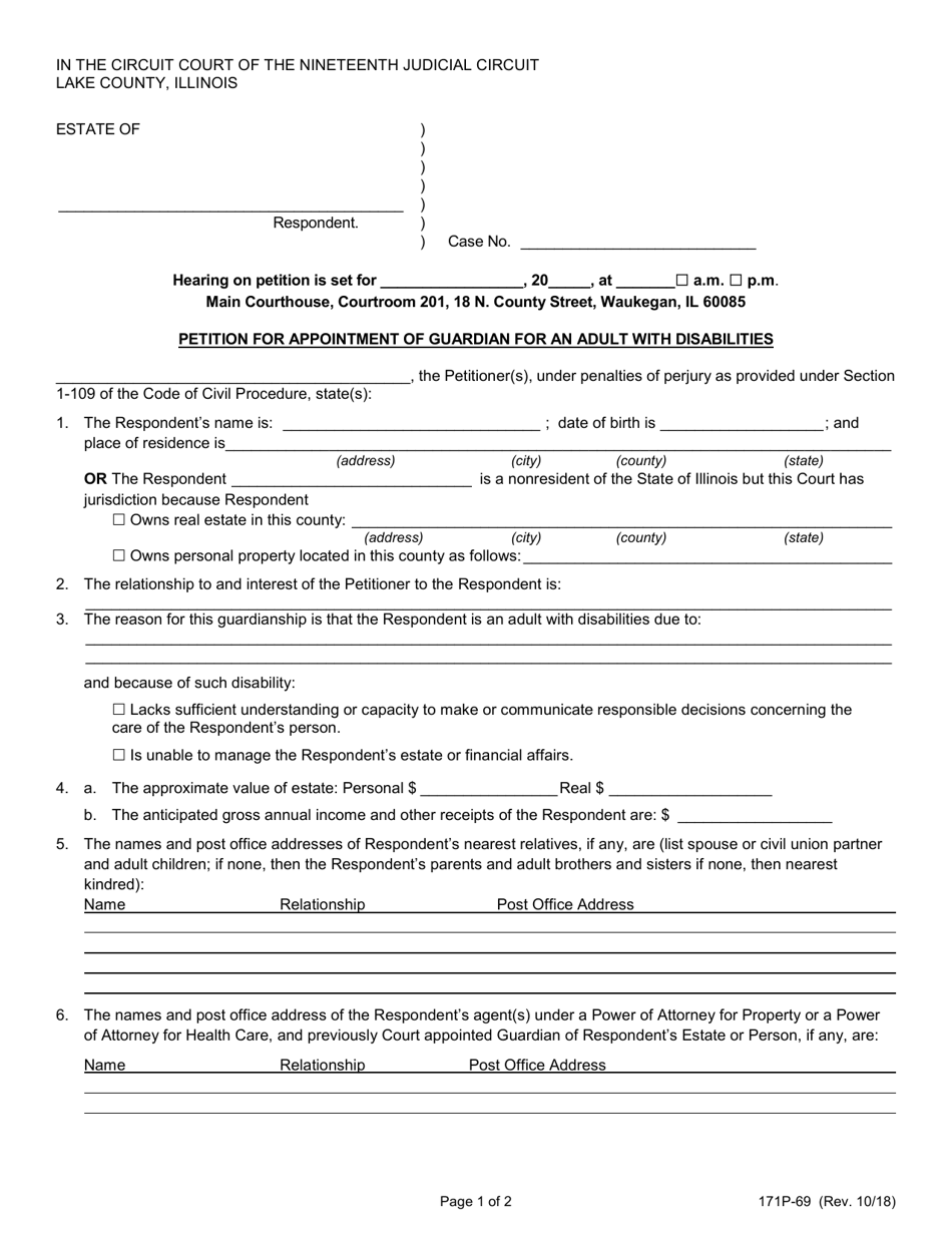 Form 171P-69 Petition for Appointment of Guardian for an Adult With Disabilities - Lake County, Illinois, Page 1