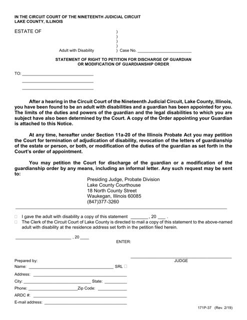 Form 171P-37 Statement of Right to Petition for Discharge of Guardian or Modification of Guardianship Order - Lake County, Illinois