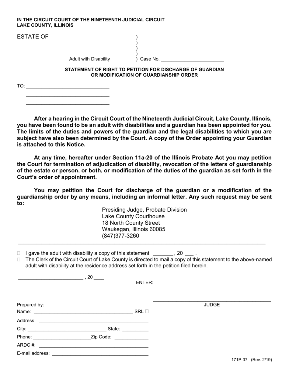 Form 171P-37 Statement of Right to Petition for Discharge of Guardian or Modification of Guardianship Order - Lake County, Illinois, Page 1
