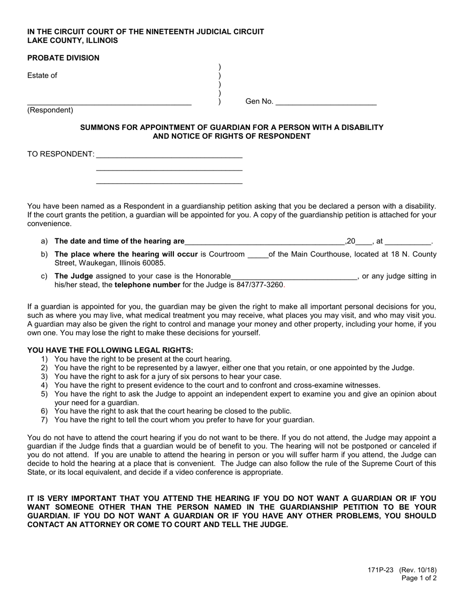 Form 171P-23 Summons for Appointment of Guardian for a Person With a Disability and Notice of Rights of Respondent - Lake County, Illinois, Page 1