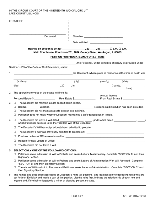 Form 171P-30 Petition for Probate and for Letters - Lake County, Illinois