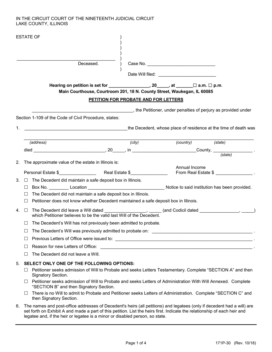 Form 171P-30 Petition for Probate and for Letters - Lake County, Illinois, Page 1
