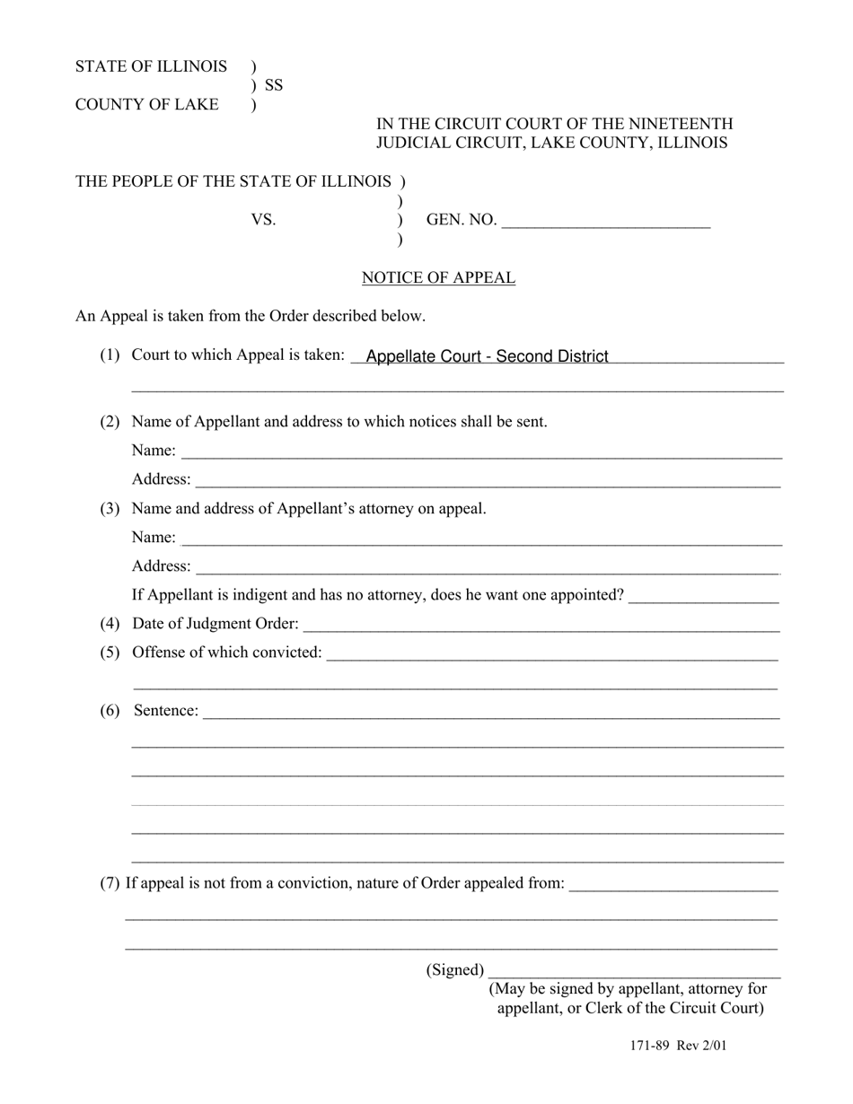 Form 171-89 Notice of Appeal - Lake County, Illinois, Page 1