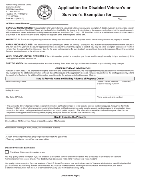 Form 11.22 Application for Disabled Veteran's or Survivor's Exemption - Harris County, Texas
