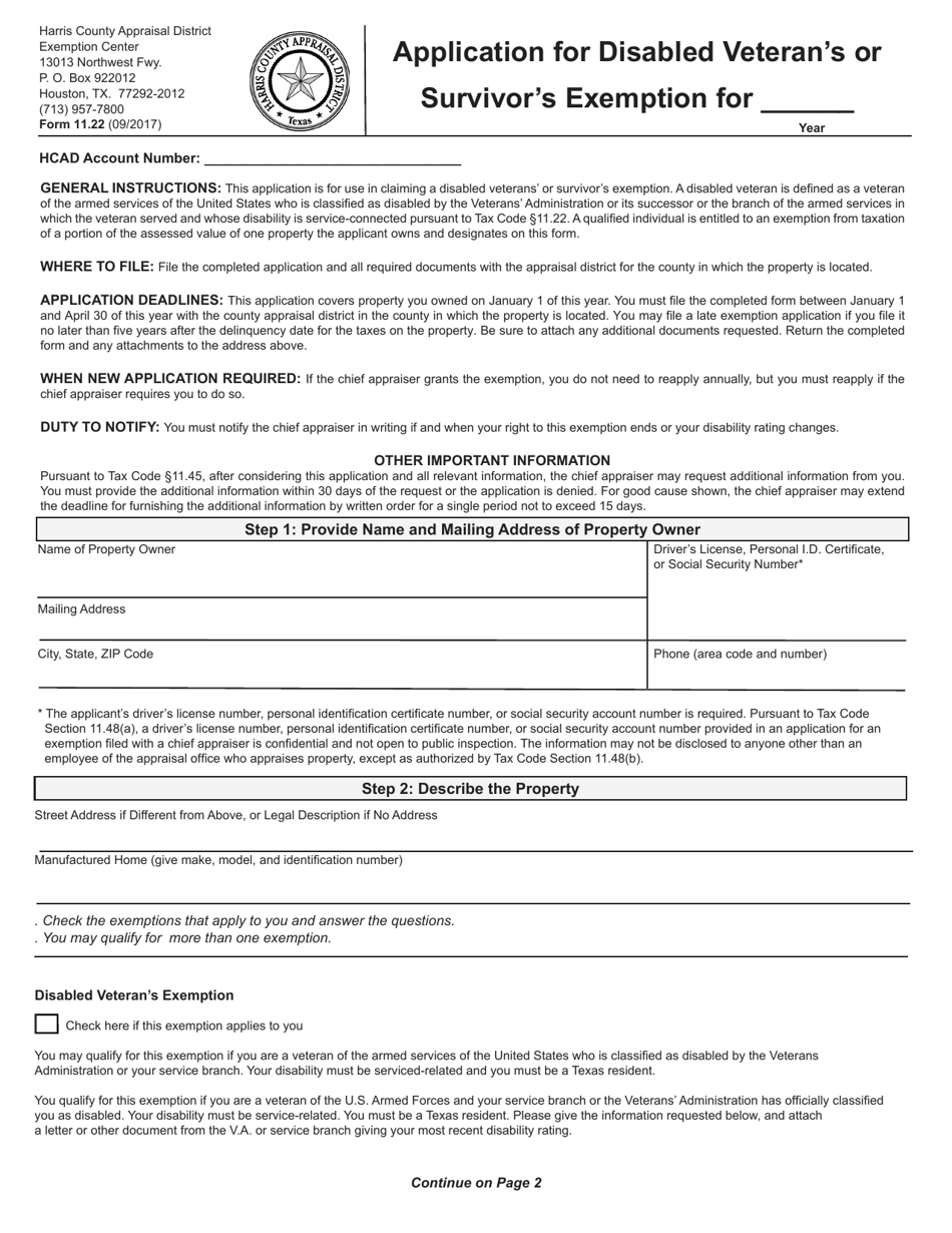 Form 11.22 Application for Disabled Veterans or Survivors Exemption - Harris County, Texas, Page 1