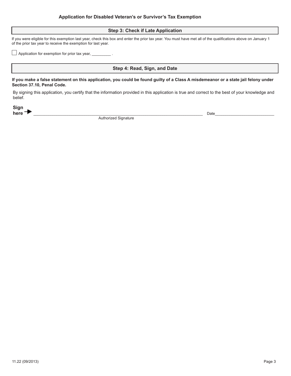 Form 11.22 Application for Disabled Veterans or Survivors Exemption - Harris County, Texas, Page 3