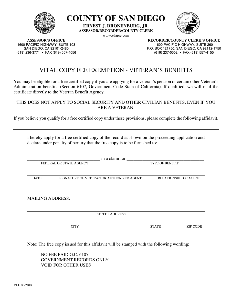 Vital Copy Fee Exemption - Veterans Benefits - County of San Diego, California, Page 1