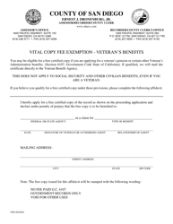 Document preview: Vital Copy Fee Exemption - Veteran's Benefits - County of San Diego, California