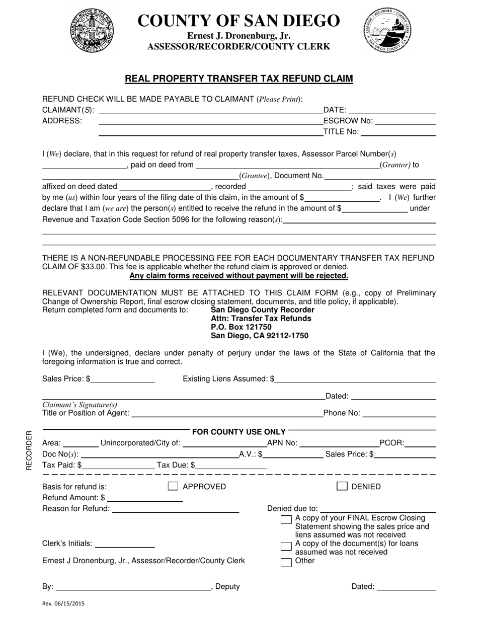 Real Property Transfer Tax Refund Claim - County of San Diego, California, Page 1