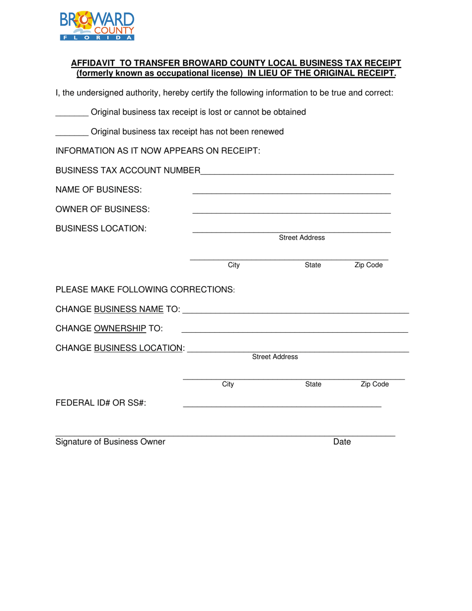 Affidavit to Transfer Broward County Local Business Tax Receipt in Lieu of the Original Receipt - Broward County, Florida, Page 1