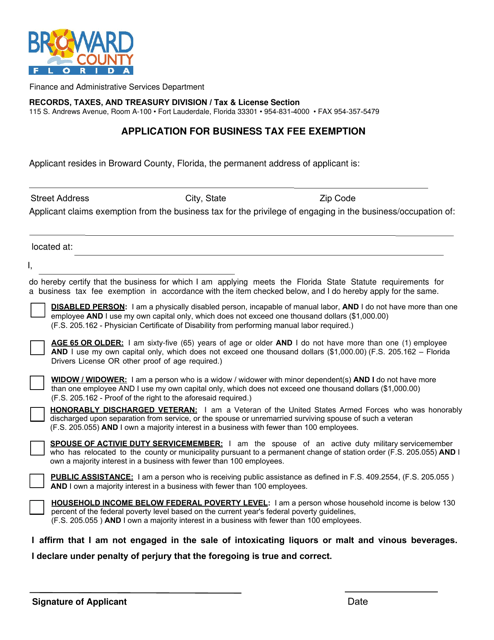 Application for Business Tax Fee Exemption - Broward County, Florida Download Pdf