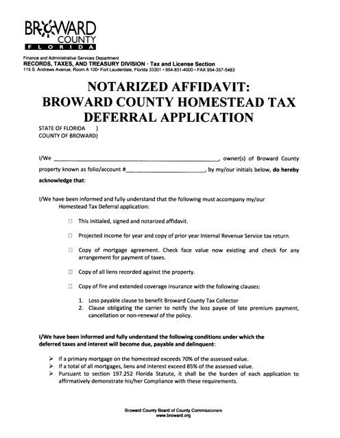 Notarized Affidavit: Broward County Homestead Tax Deferral Application - Broward County, Florida