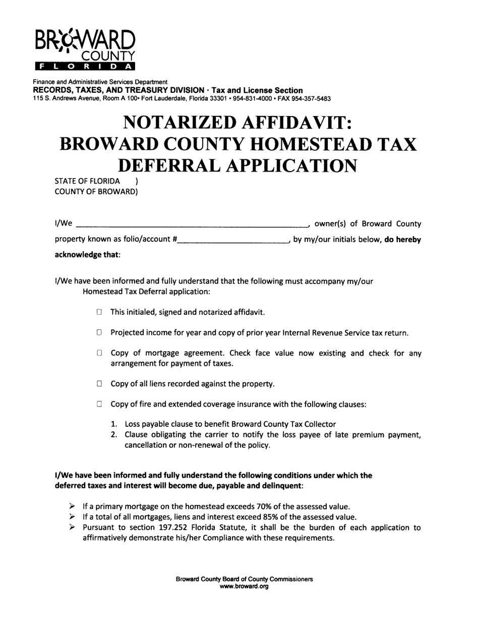 Notarized Affidavit: Broward County Homestead Tax Deferral Application - Broward County, Florida, Page 1