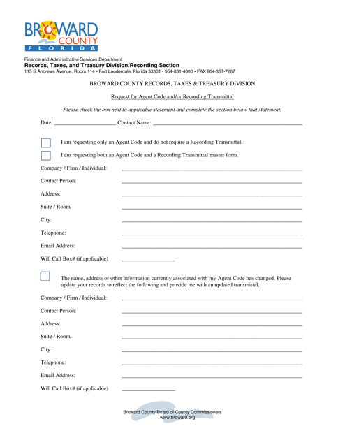Request for Agent Code and / or Recording Transmittal - Broward County, Florida Download Pdf