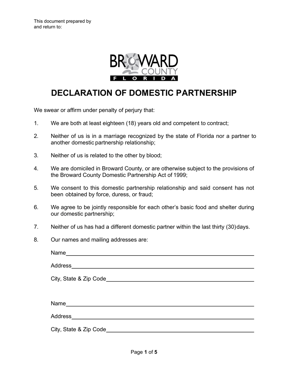 Form 404-61 Declaration of Domestic Partnership - Broward County, Florida, Page 1