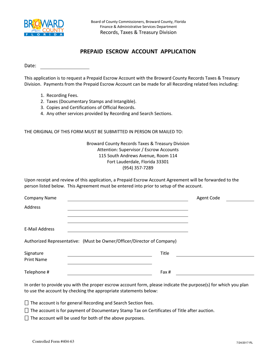 Controlled Form 404-63 Prepaid Escrow Account Application - Broward County, Florida, Page 1