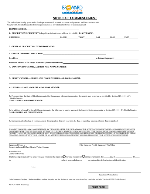 Notice of Commencement - Broward County, Florida Download Pdf